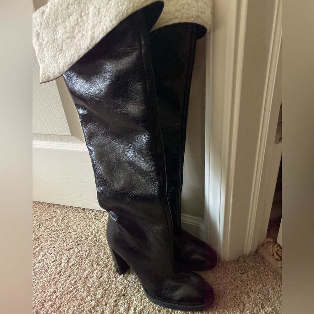 Zara OVER-THE-KNEE LEATHER BOOTS WITH FAUX SHEARLING LINING